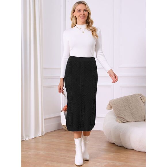 Ribbed Knit Midi Elastic High Waist Pencil Casual Sweater Skirt Black - Picture 4 of 4